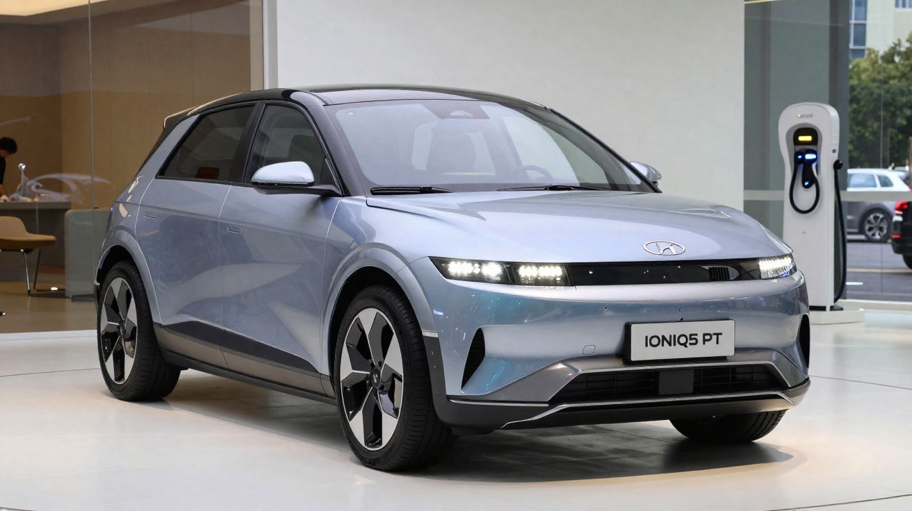 Voiture électrique Hyundai IONIQ 5 gris argenté exposée intérieurement avec borne de recharge visible.