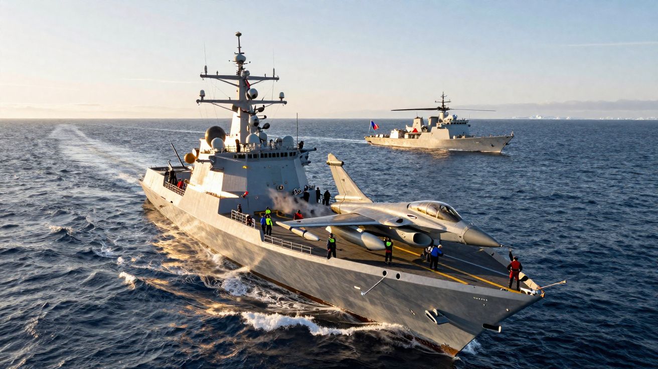 Deux navires militaires en mer dont un transportant un avion de chasse sur son pont au coucher du soleil.