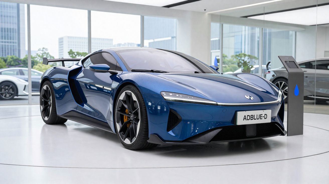 Voiture de sport électrique bleue exposée en intérieur avec borne de recharge et bâtiments en arrière-plan.