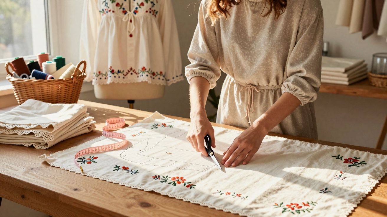 Personne coupant un tissu brodé sur une table en bois dans un atelier de couture lumineux.