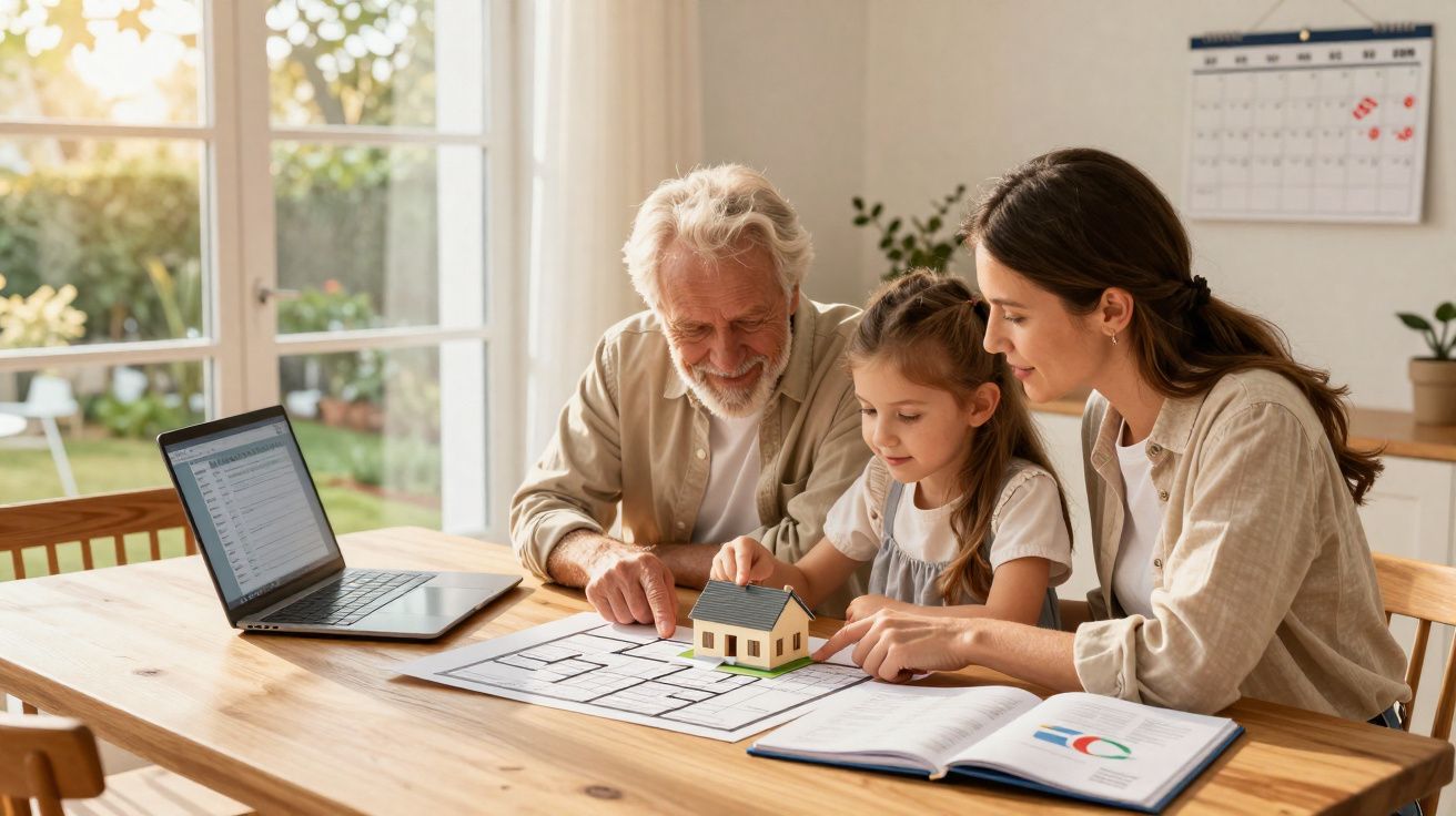 Un homme âgé, une femme et une fillette examinent une maquette de maison et des plans sur une table en bois.