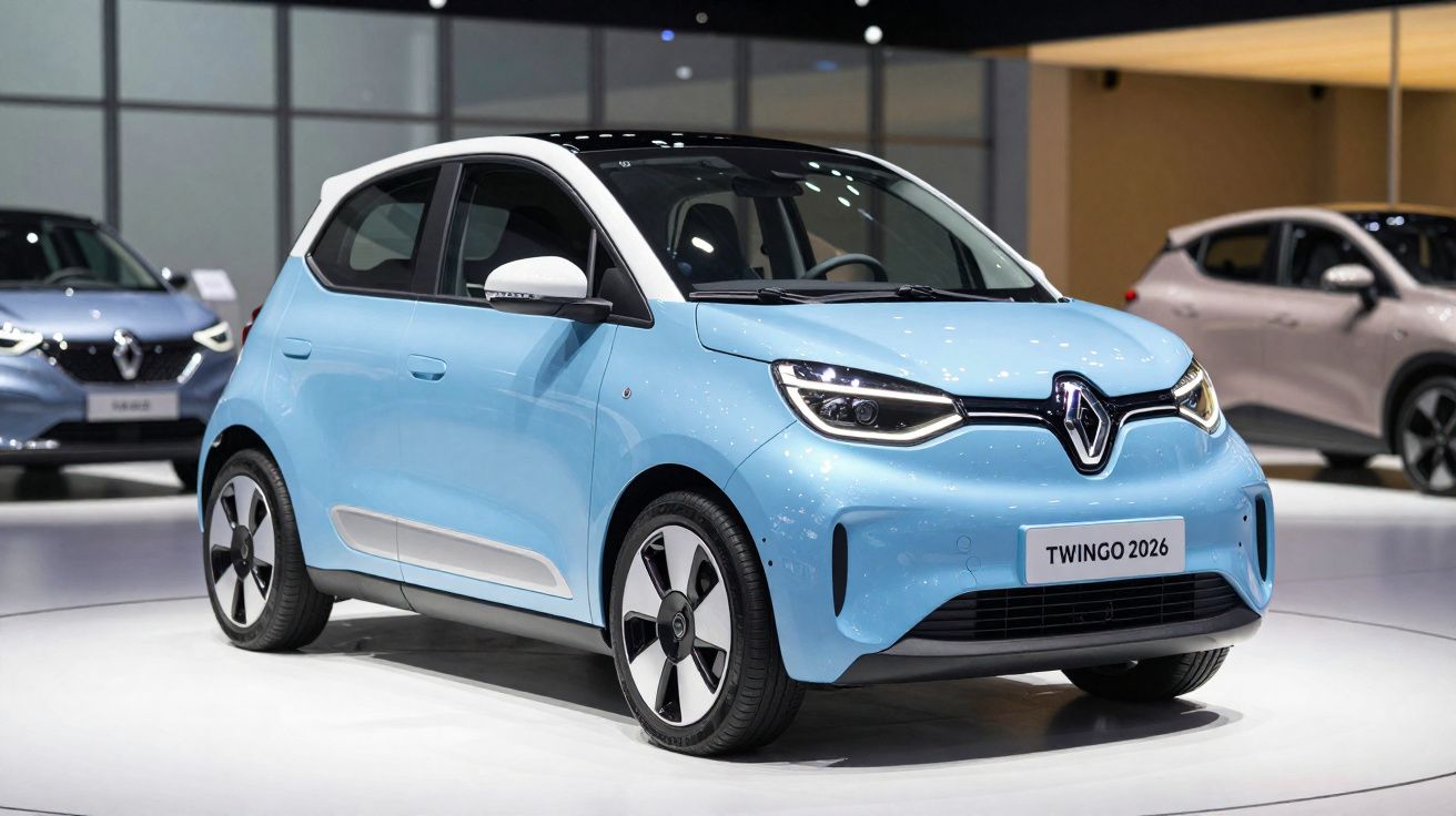 Voiture Renault Twingo 2026 bleu clair exposée sur un stand lumineux lors d'un salon auto.