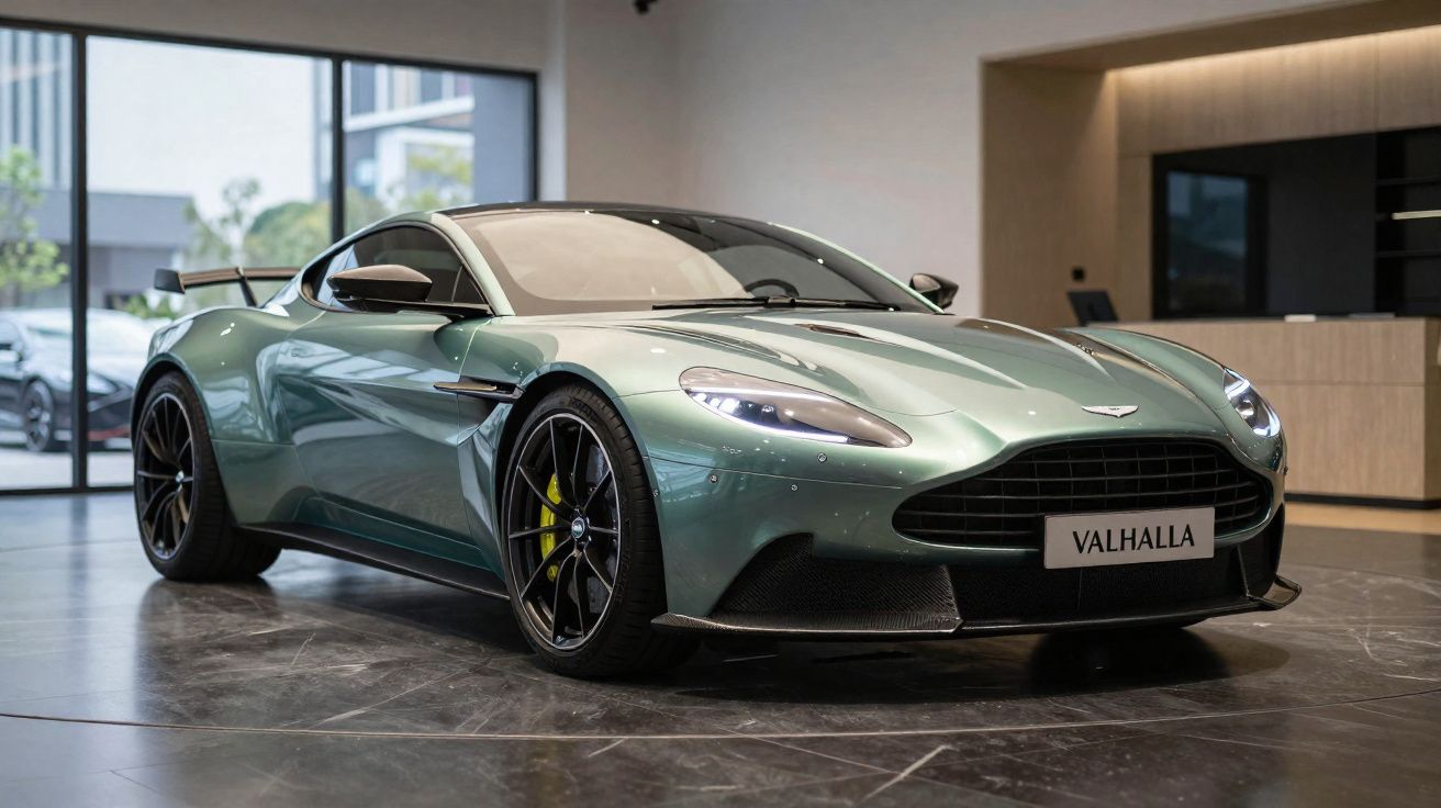 Voiture de sport Aston Martin Valhalla verte exposée dans un showroom moderne avec sol en marbre.