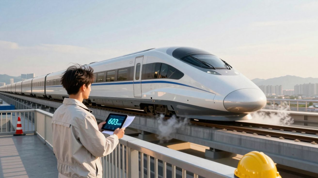 Personne surveillant un train à grande vitesse en gare, tenant une tablette affichant la vitesse 603 km/h.