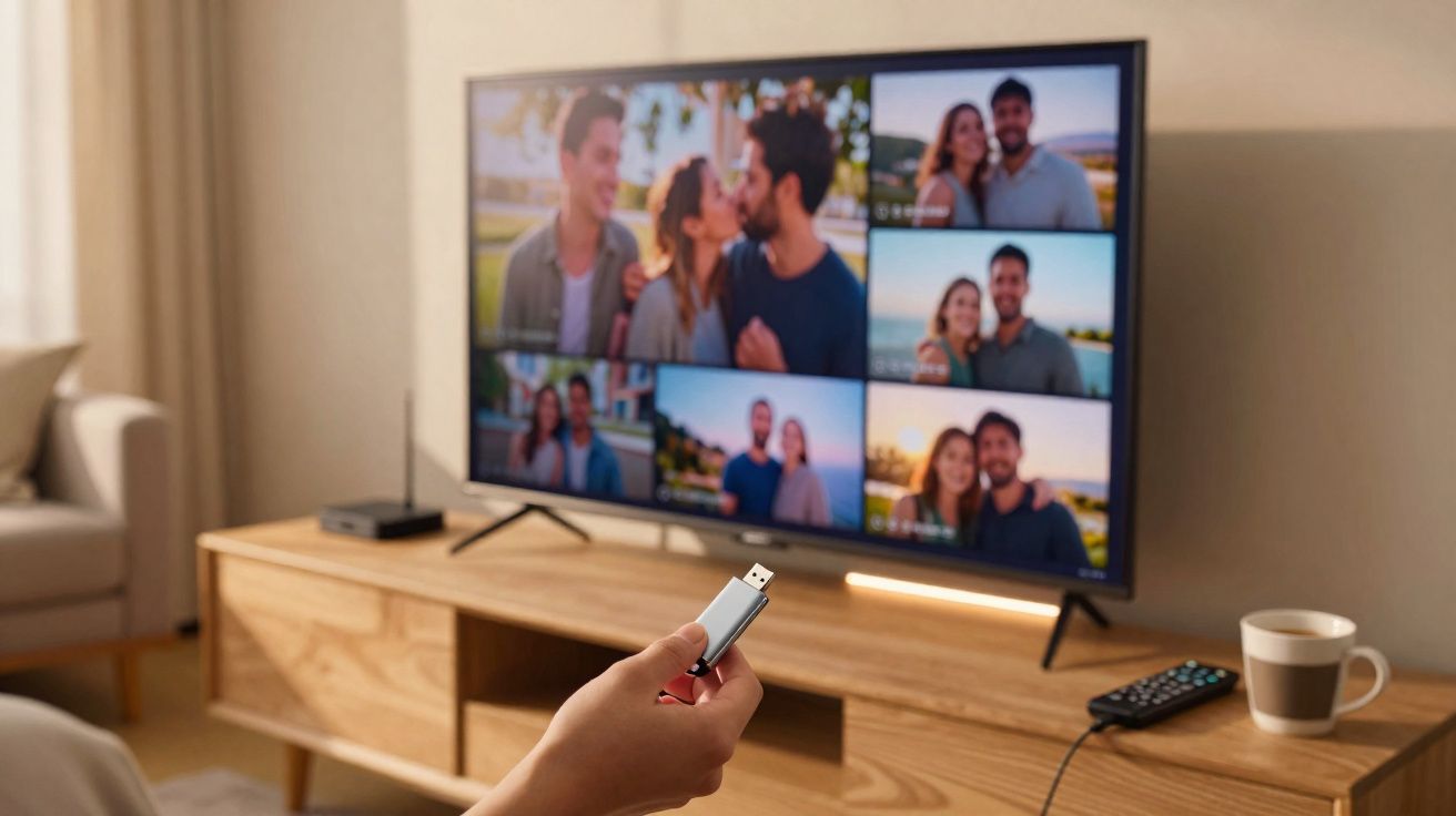 Main tenant une clé USB devant une télévision affichant plusieurs photos de couples souriants.