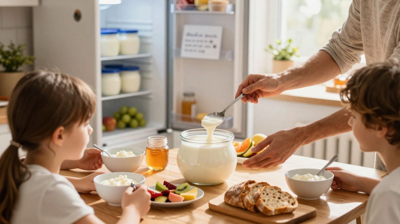 Deux enfants à table prenant un petit déjeuner sain avec fruits, yaourt et pain sous la main d’un adulte.