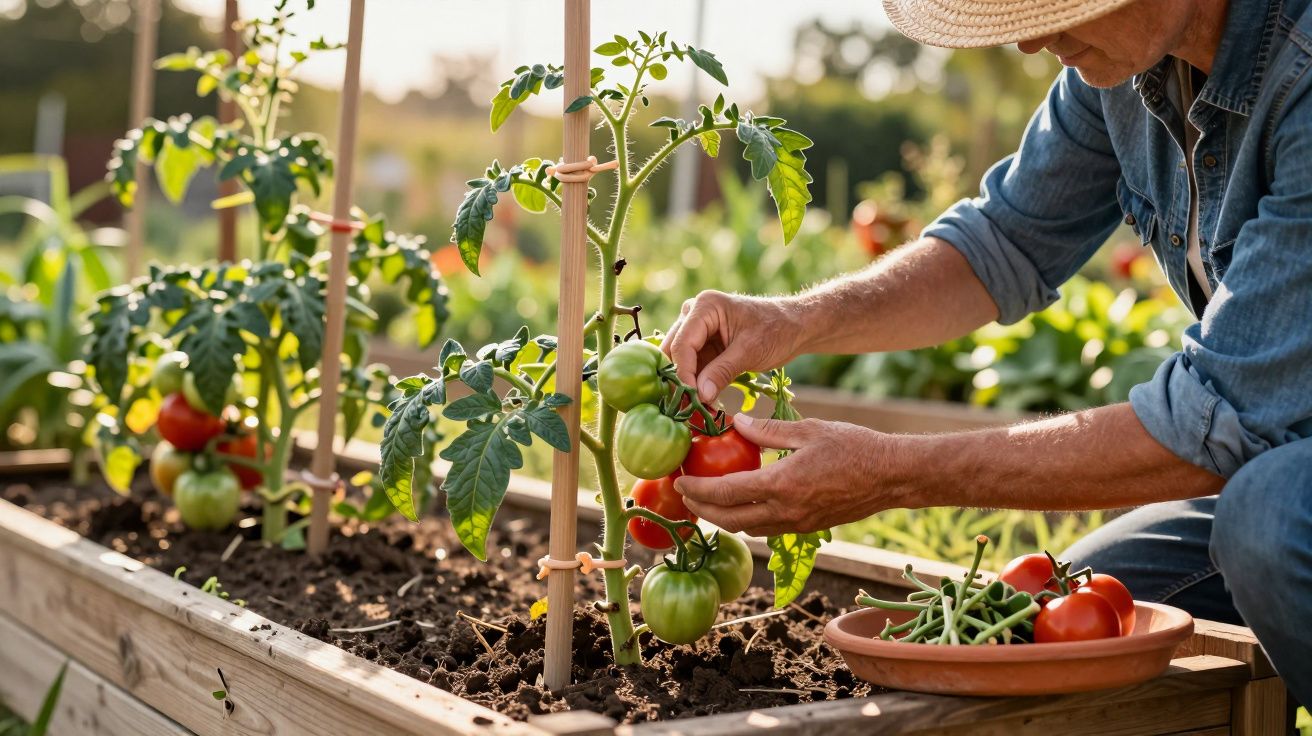 Personne récoltant des tomates mûres dans un potager surélevé en plein soleil.