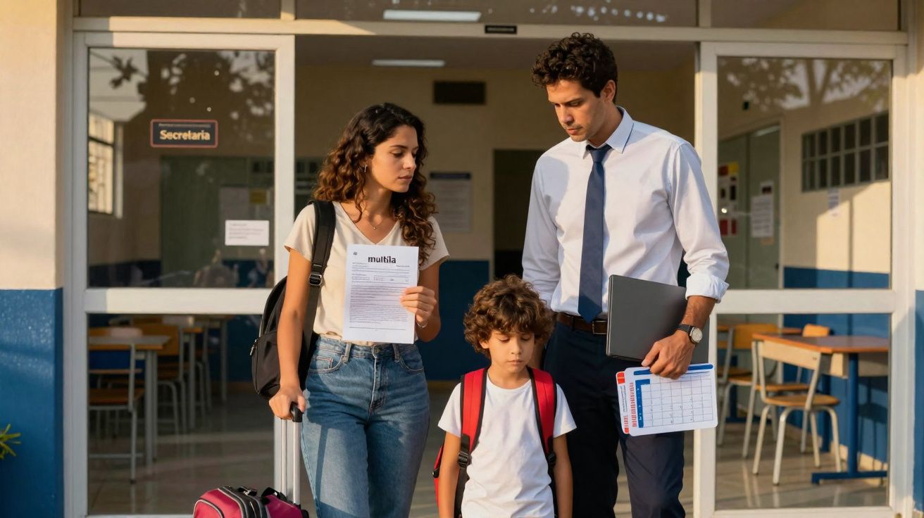 Une femme, un homme et un enfant avec sacs à dos discutent devant une école, visage sérieux.
