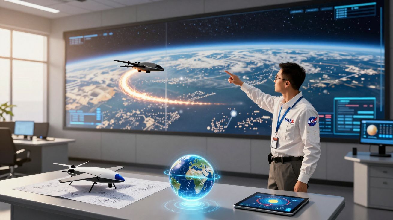 Chercheur NASA simulant le trajet d'un drone spatial devant un grand écran affichant la Terre.