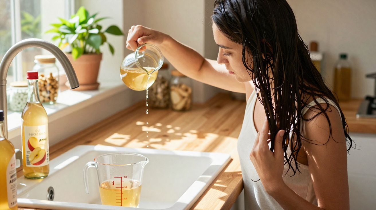 Femme versant un liquide blond dans un pichet dans une cuisine lumineuse avec des bouteilles sur le plan de travail.