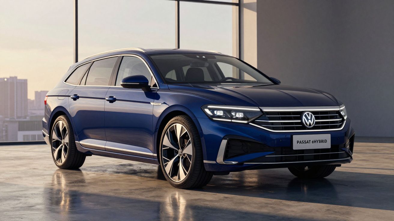 Voiture familiale Volkswagen Passat eHybrid bleue garée dans un espace lumineux avec vue urbaine.