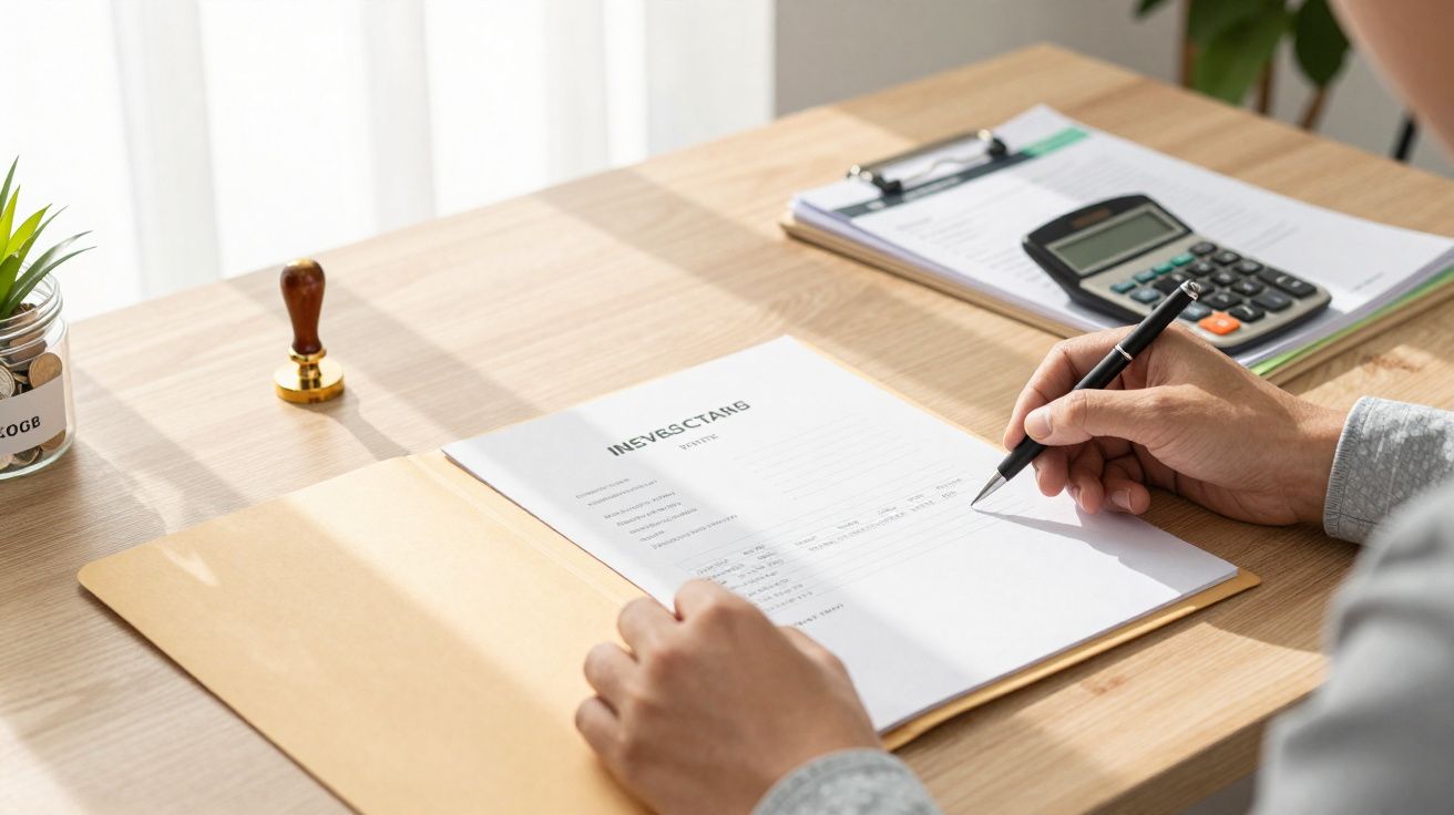 Personne remplissant un formulaire sur un bureau en bois avec une calculatrice et un tampon à côté.