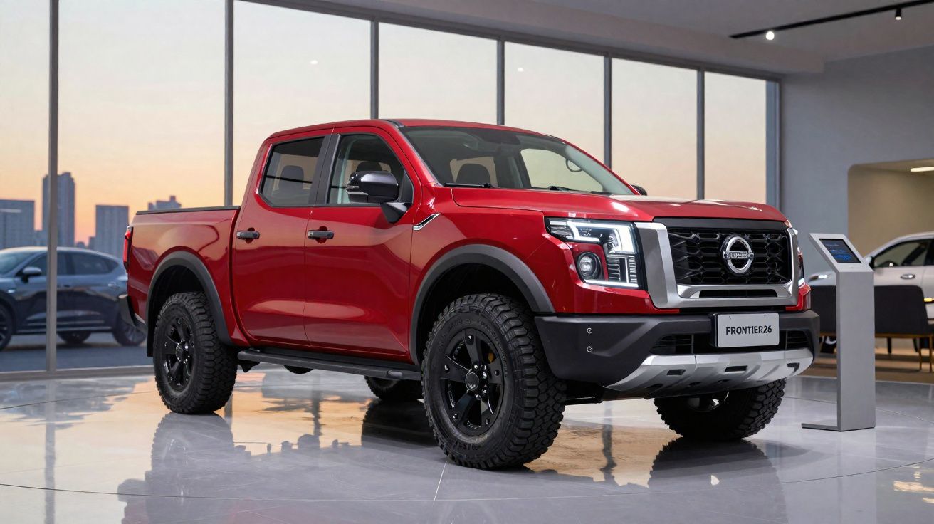 Pick-up rouge Nissan Frontier R26 exposé dans un showroom moderne aux grandes baies vitrées.
