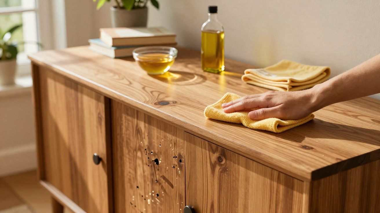 Main essuyant un buffet en bois clair avec un chiffon jaune, bouteille d'huile et bol sur le dessus.