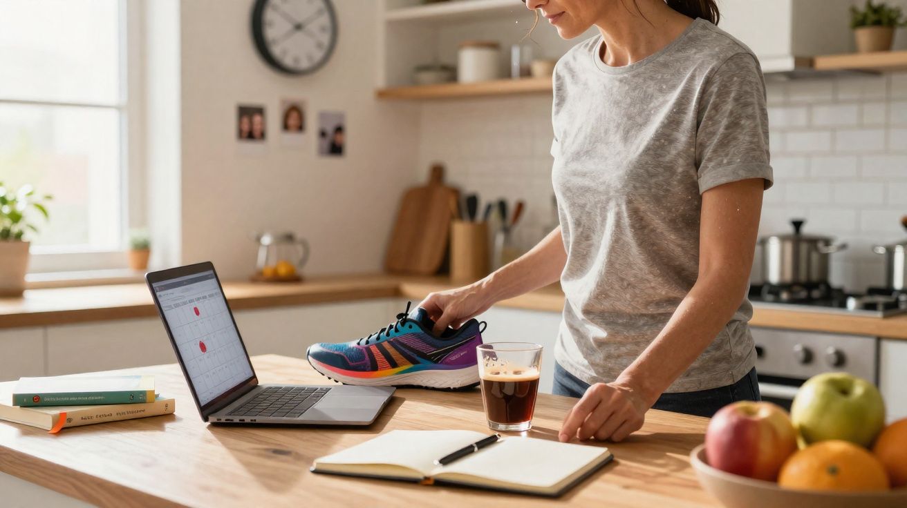 Femme debout dans une cuisine avec un ordinateur, une chaussure de sport et un carnet ouvert sur un plan de travail.