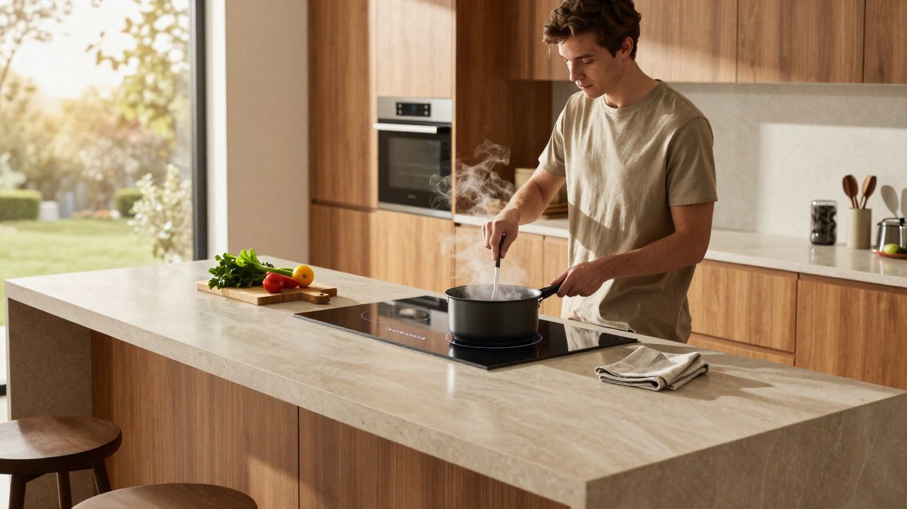 Jeune homme cuisinant dans une cuisine moderne avec un îlot en pierre et des placards en bois clair.