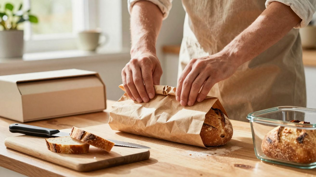 Une personne emballe une miche de pain dans un sac en papier dans une cuisine lumineuse.