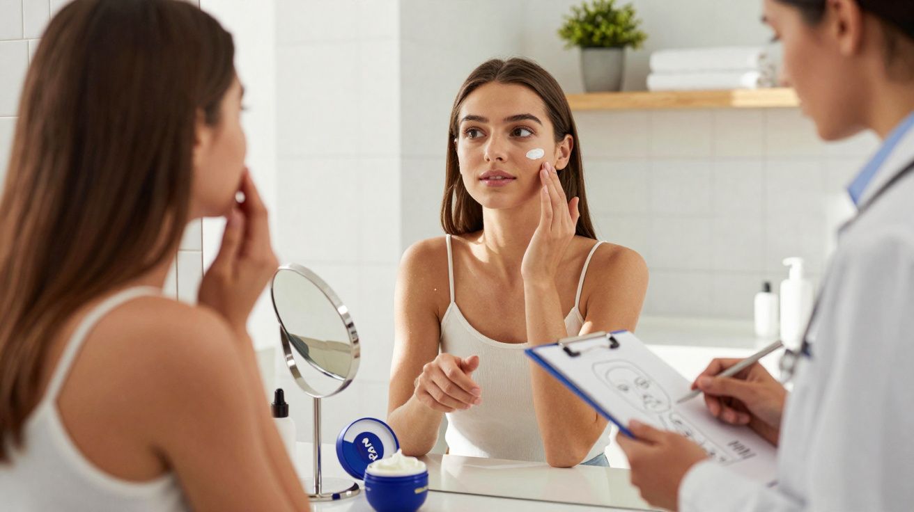Femme appliquant une crème sur le visage devant un miroir, médecin observant avec un carnet de notes.