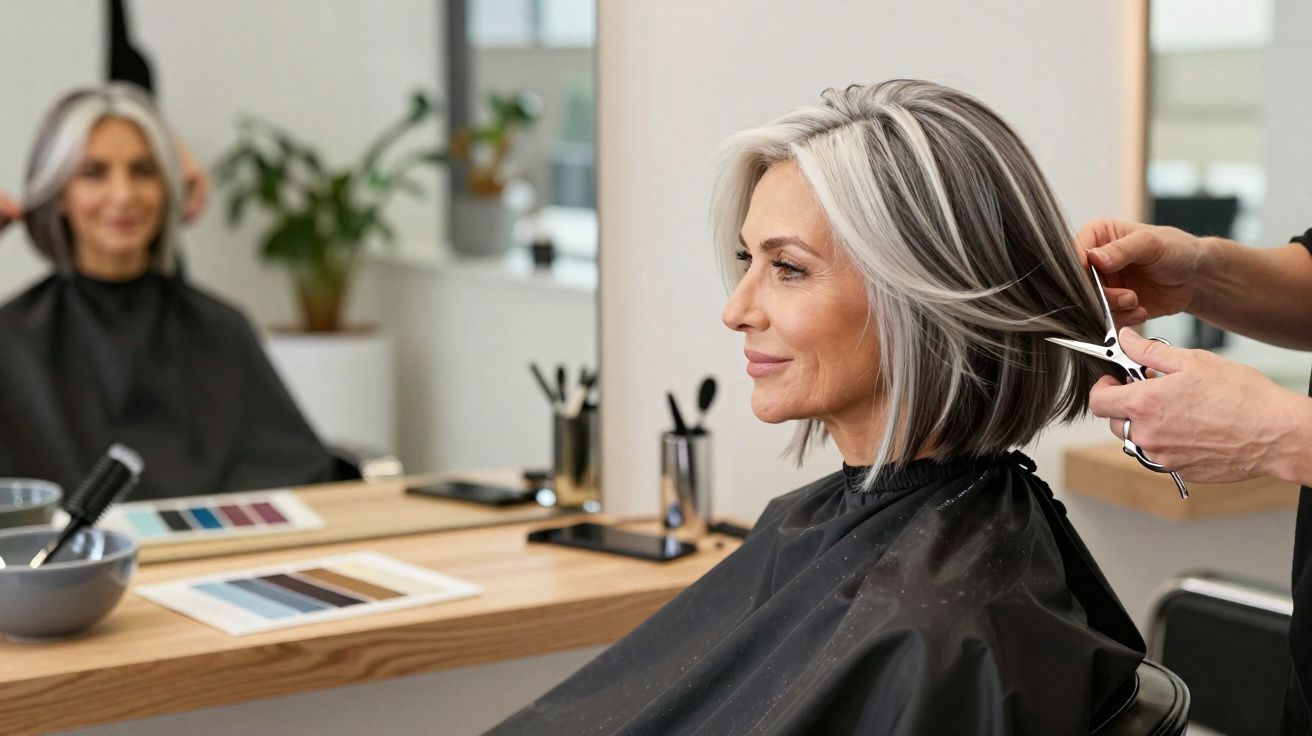 Femme mûre avec cheveux gris en train de se faire coiffer dans un salon, regardant son reflet dans le miroir.