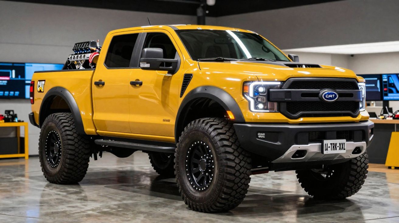 Pickup jaune tout-terrain avec gros pneus et moteur visible sur le plateau en intérieur showroom.
