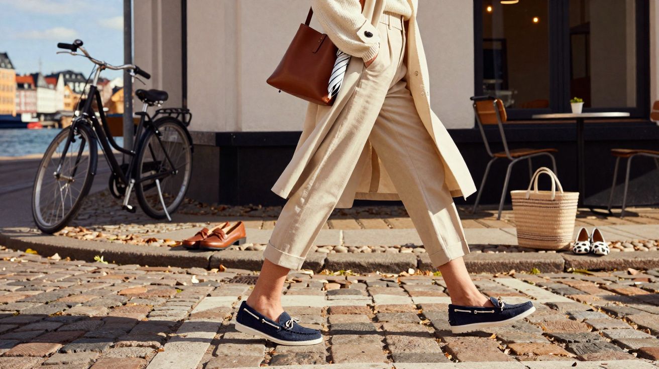 Personne marchant sur un sol pavé avec un trench beige, pantalon clair et mocassins bleus.
