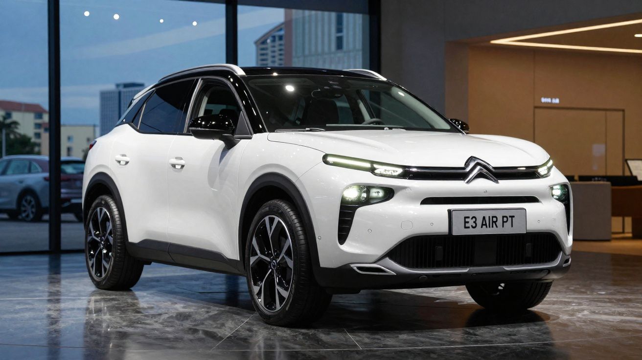 Citroën E3 Air PT blanc brillant exposé en intérieur avec éclairage tamisé et sol en marbre.