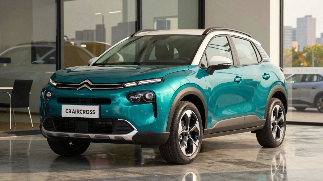 SUV Citroën C3 Aircross turquoise avec toit blanc, exposé en intérieur lumineux avec vue urbaine.
