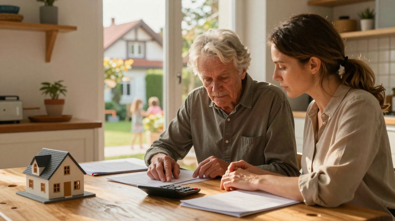 Homme âgé et femme discutent de documents financiers à une table avec une maison miniature à côté.