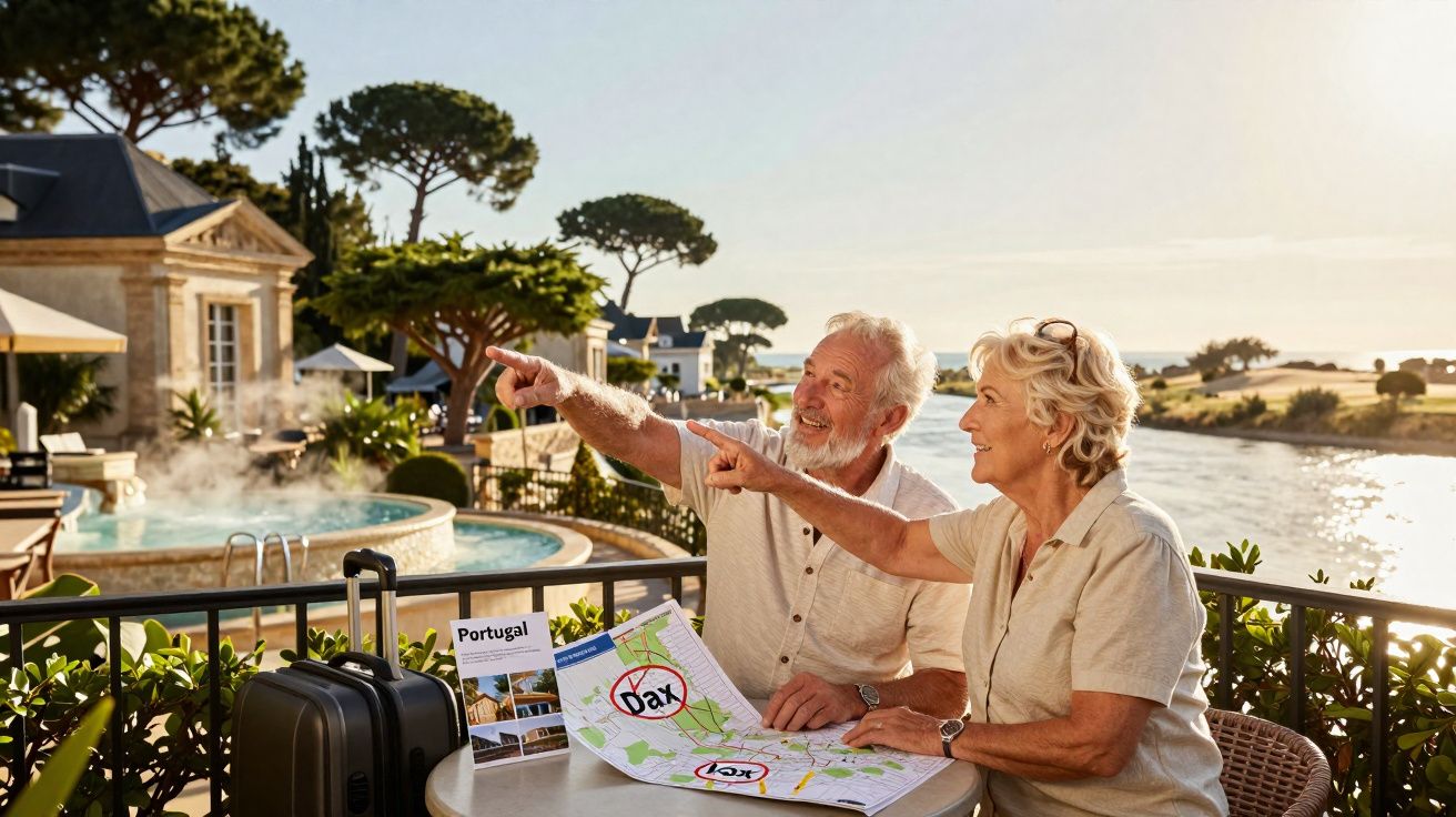 Personnes âgées souriantes pointant au loin sur une terrasse avec une carte et brochures de voyage à côté.