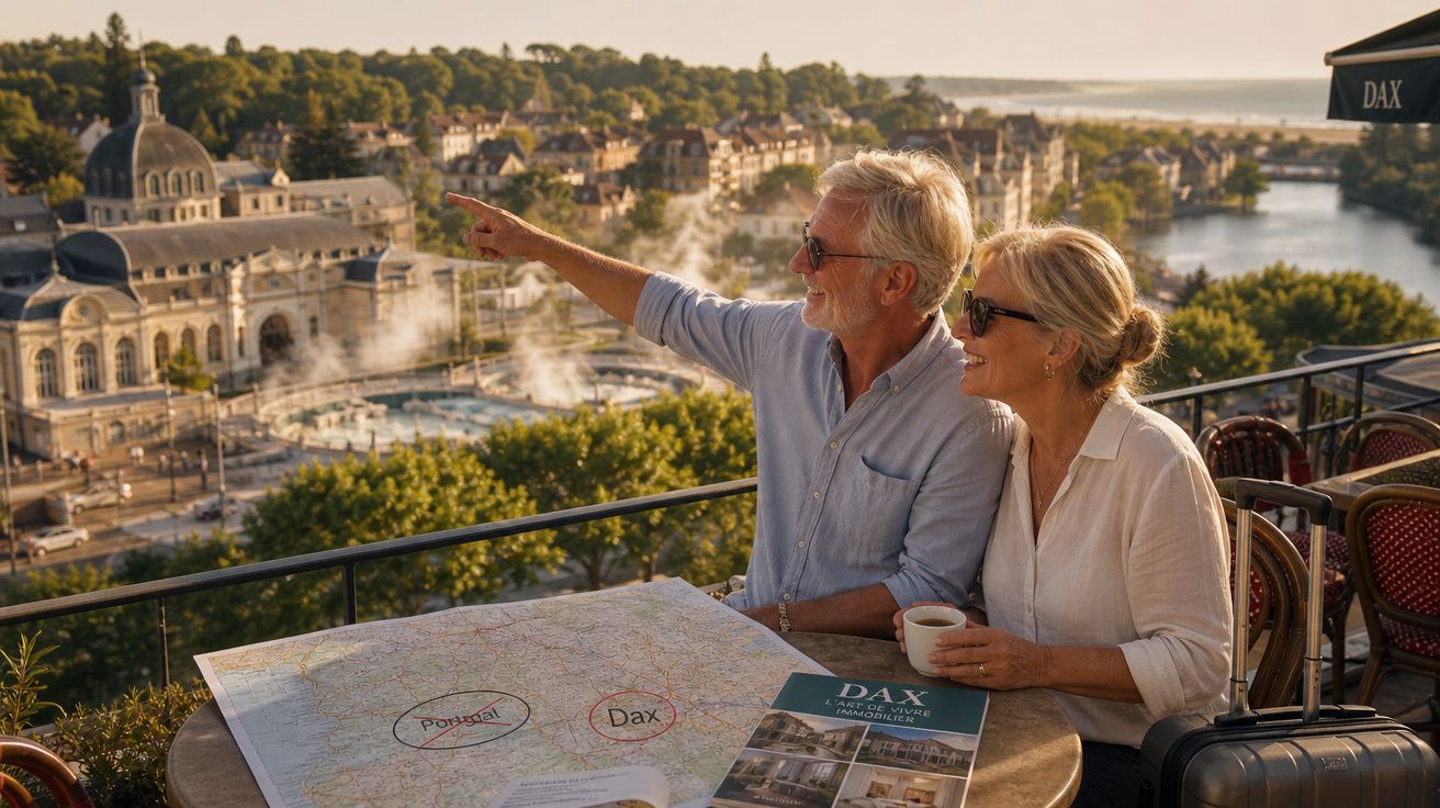 Couple âgé regardant le panorama de la ville de Dax depuis une terrasse ensoleillée avec une carte et un guide touristique.