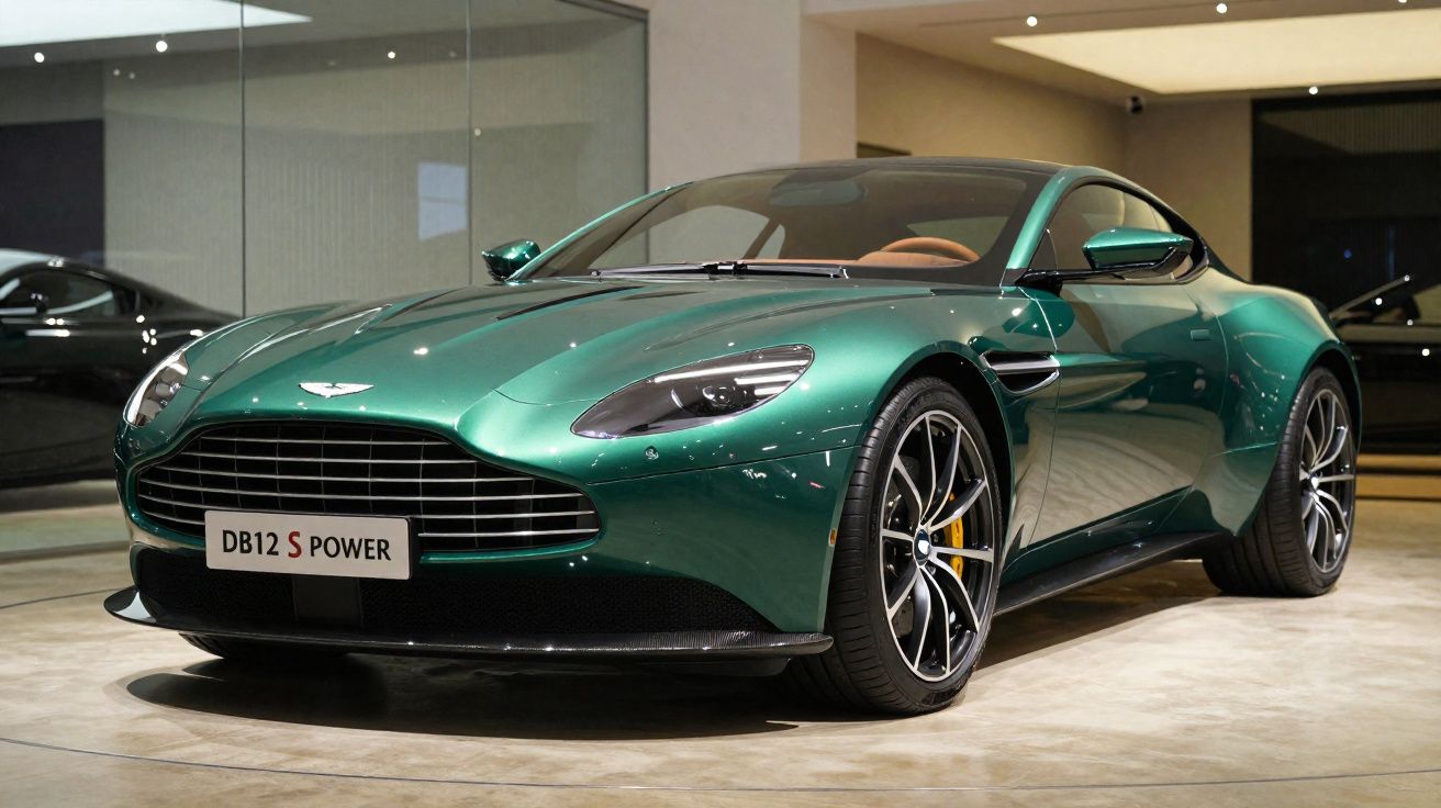 Voiture de sport Aston Martin DB12 S Power verte dans un showroom moderne avec intérieur en cuir marron.