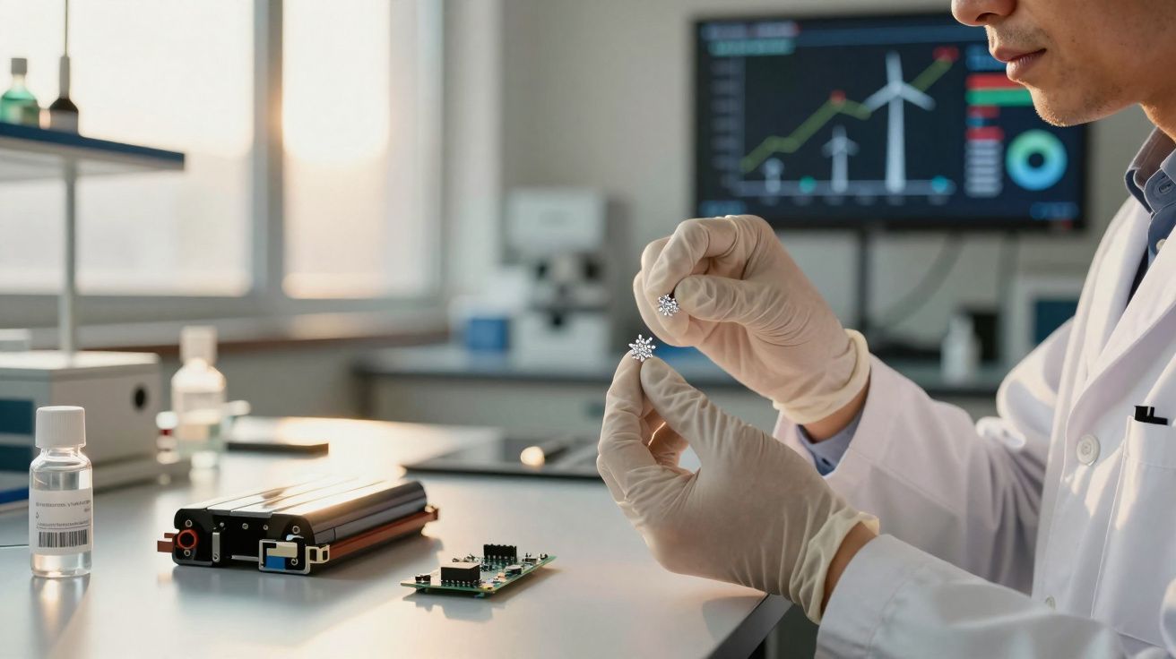 Chercheur en laboratoire tenant des pièces électroniques, écran avec graphiques en arrière-plan.