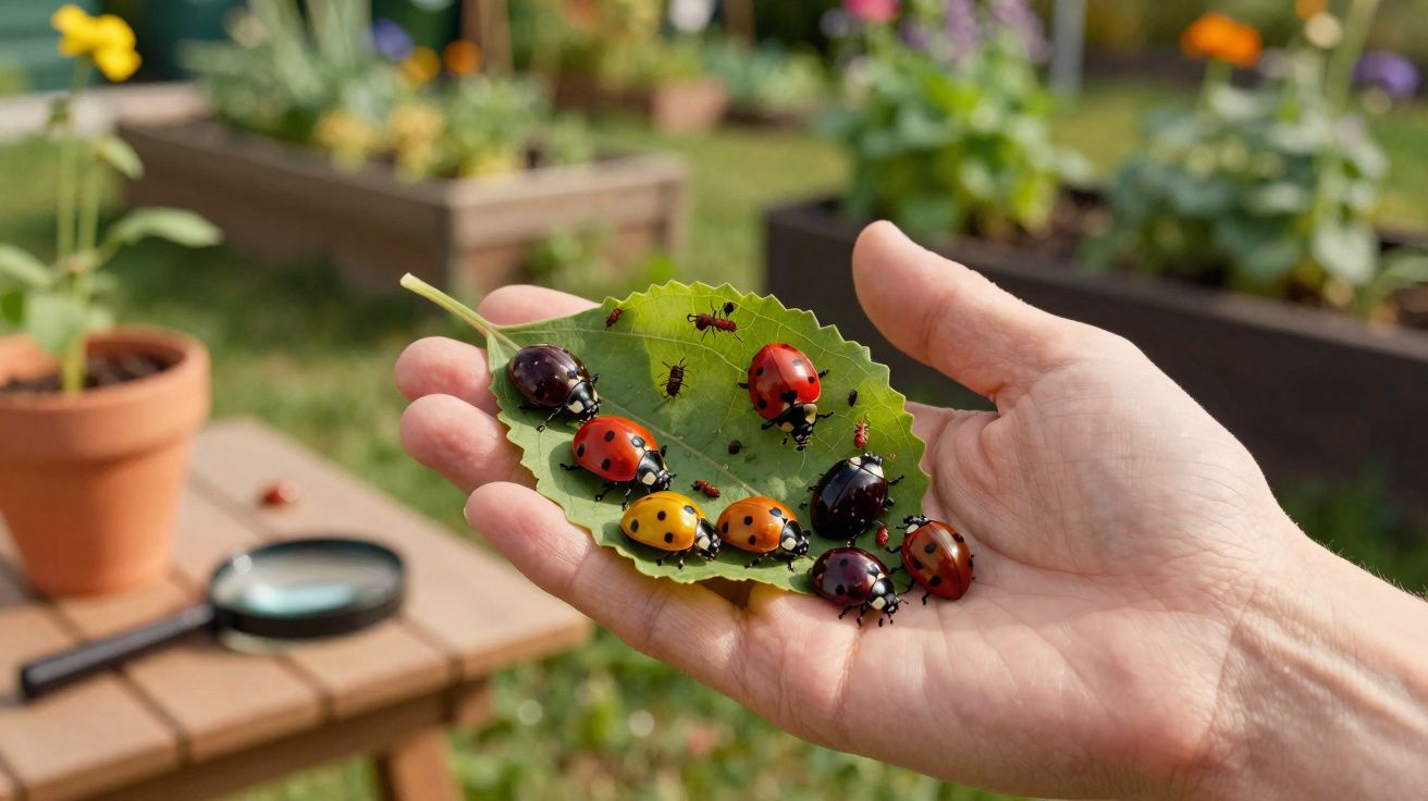 Main tenant une feuille verte avec des coccinelles de différentes couleurs et quelques fourmis dessus.