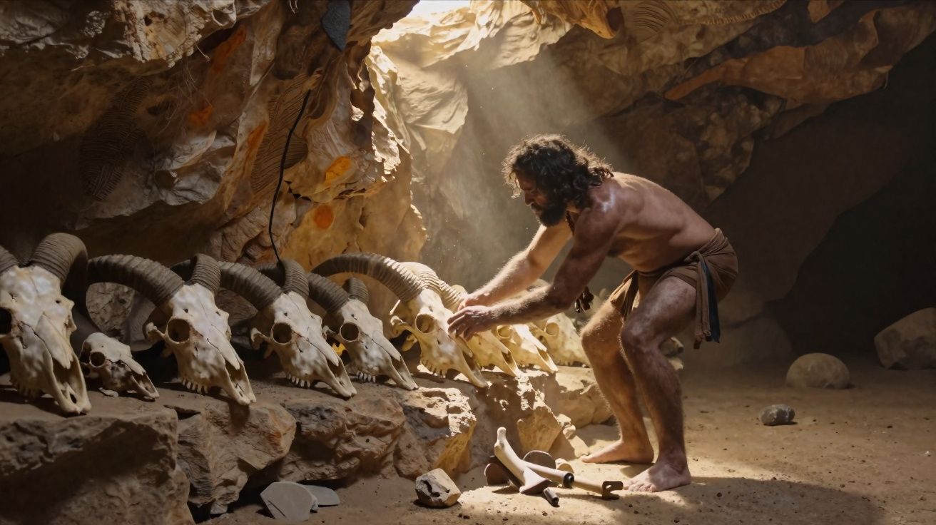 Homme préhistorique dans une grotte alignant des crânes de bélier sous un rayon de lumière.