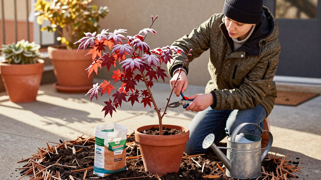Personne taillant un érable rouge en pot sur une terrasse ensoleillée, avec un arrosoir et un sac de terreau.