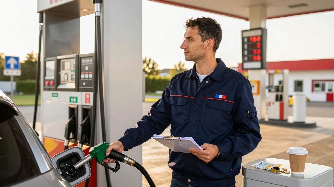 Homme en uniforme bleu pompe du carburant dans une voiture à une station-service moderne au crépuscule.