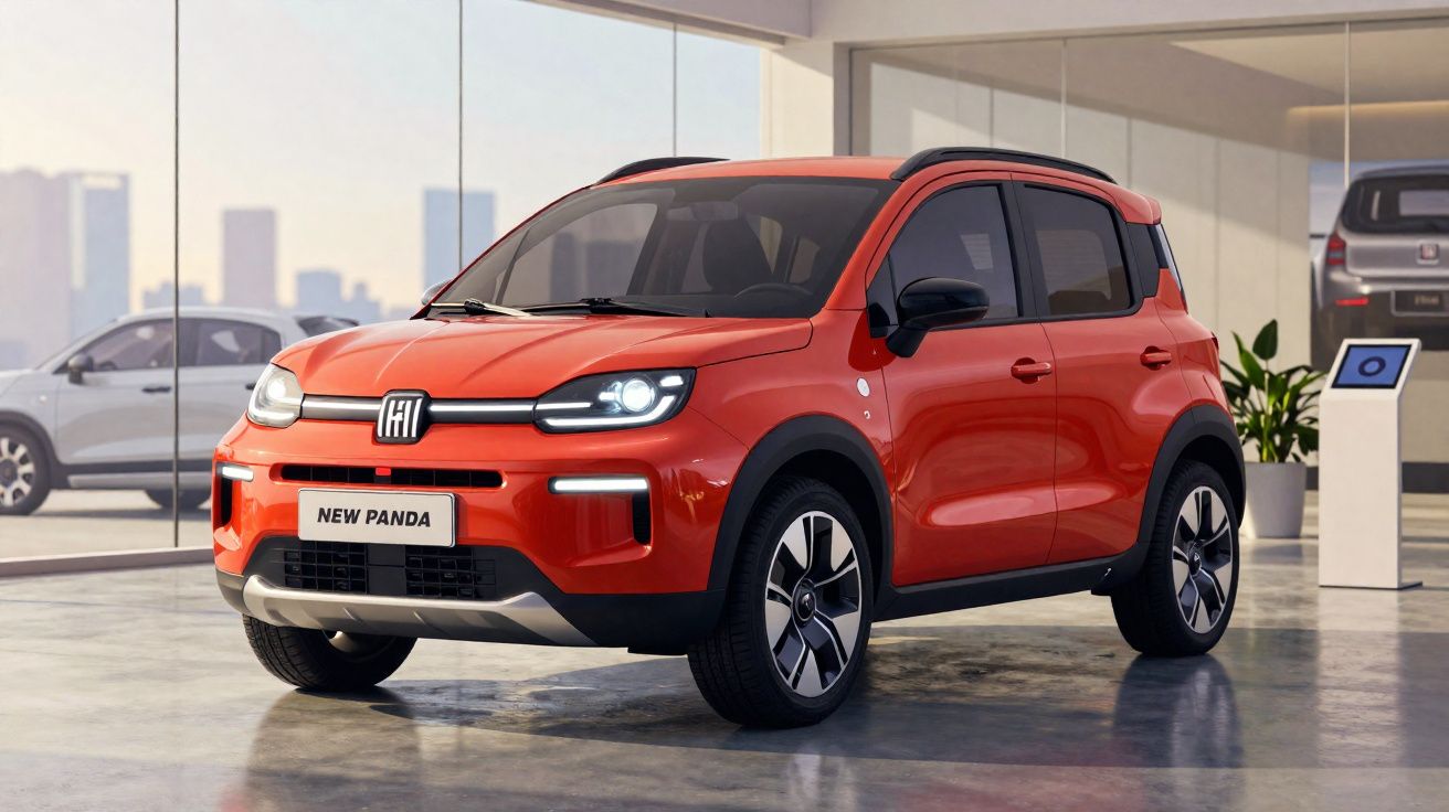 Voiture compacte rouge New Panda exposée dans un showroom moderne avec fenêtres vitrées et autres véhicules.