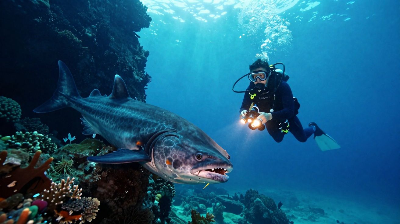 Plongeur avec lampe sous-marine face à un grand poisson dans un récif coralien.