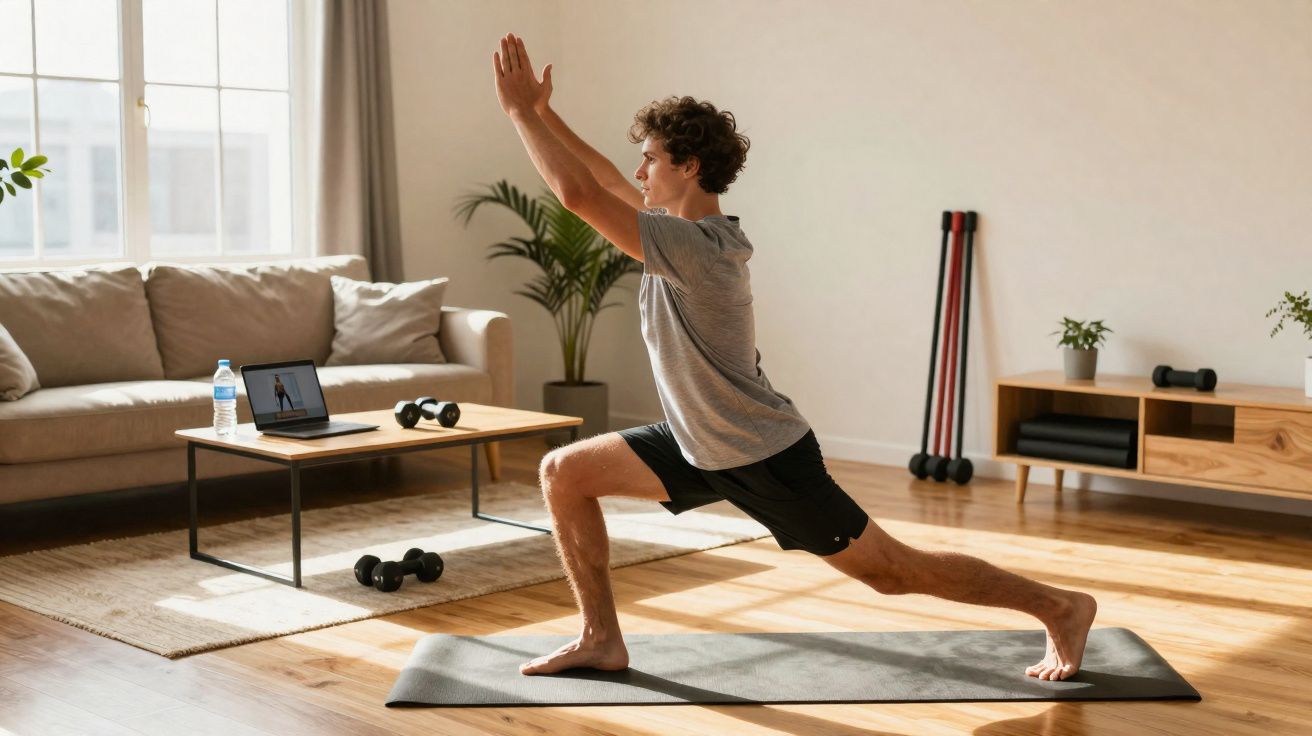 Jeune homme faisant une fente avant lors d'un cours de yoga en ligne dans son salon lumineux.