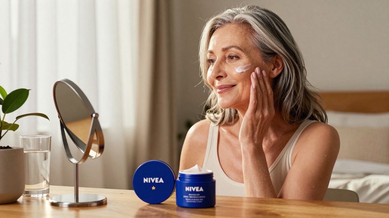 Femme mûre appliquant de la crème Nivea sur son visage devant un miroir sur une table en bois.