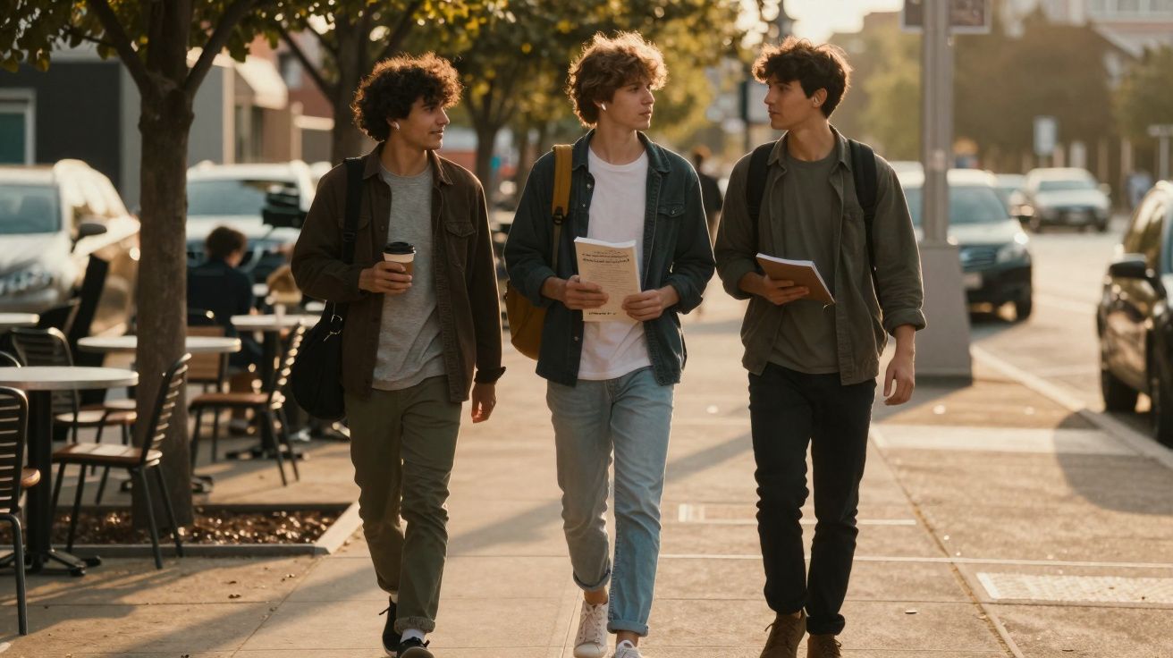 Trois jeunes hommes marchant sur un trottoir urbain, discutant et portant sacs et documents.