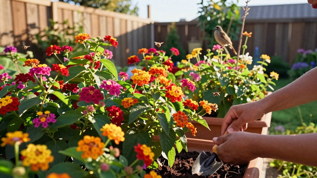 Personne jardinant des fleurs colorées dans des bacs en bois sous un ciel ensoleillé avec un oiseau perchée.
