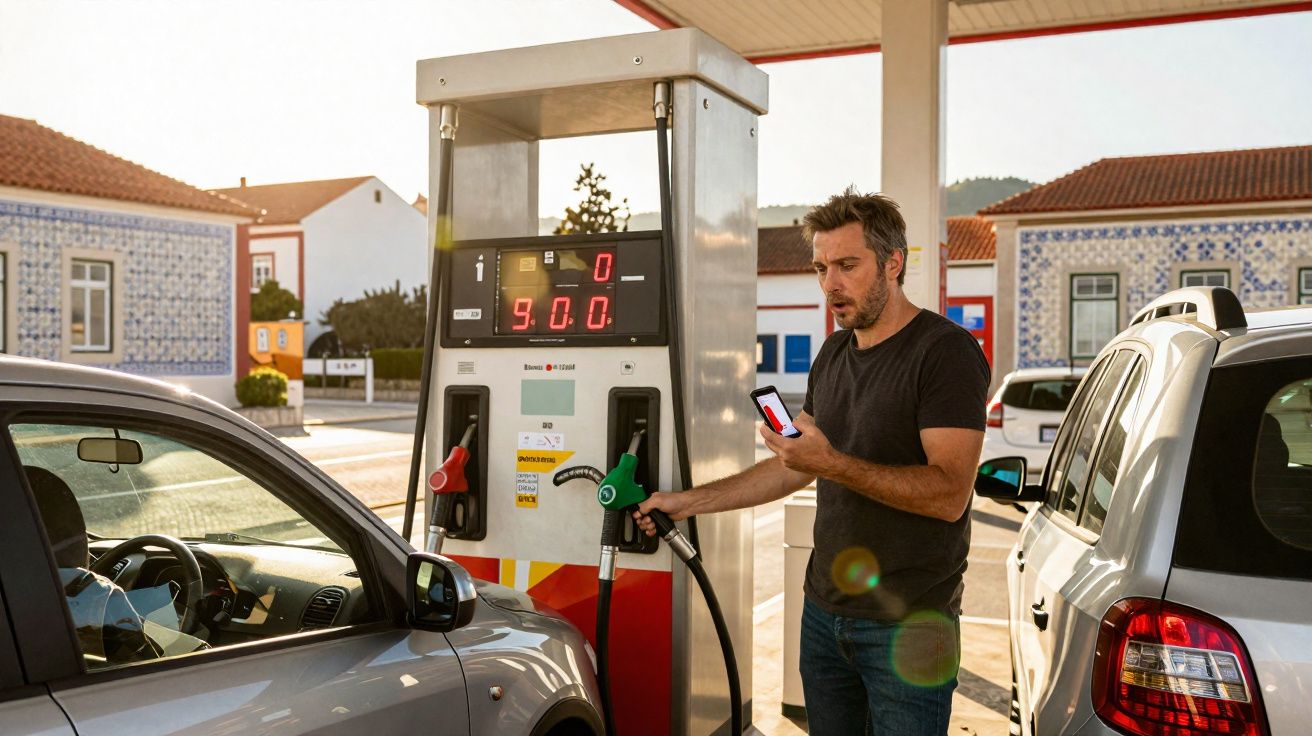 Homme à la station essence tenant une pompe à carburant verte et regardant son téléphone portable.