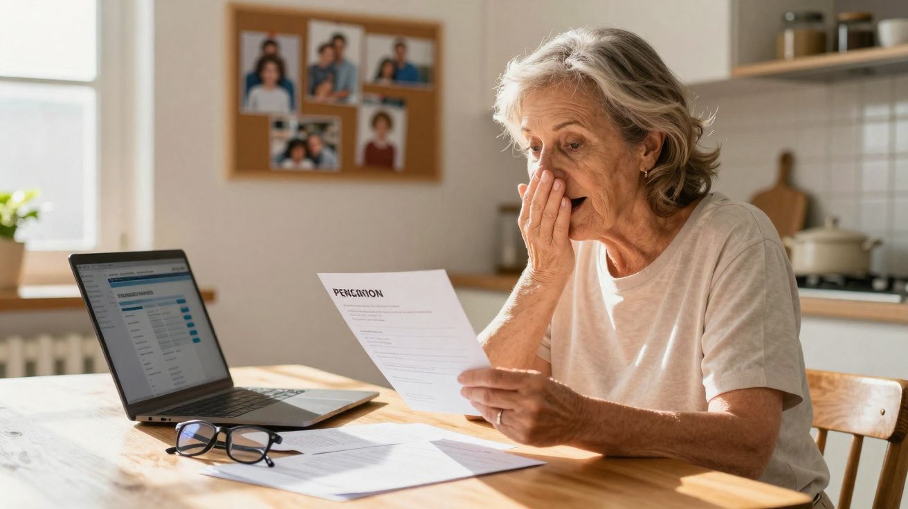 Femme âgée surprise lisant une lettre de pension à table avec ordinateur portable et lunettes.