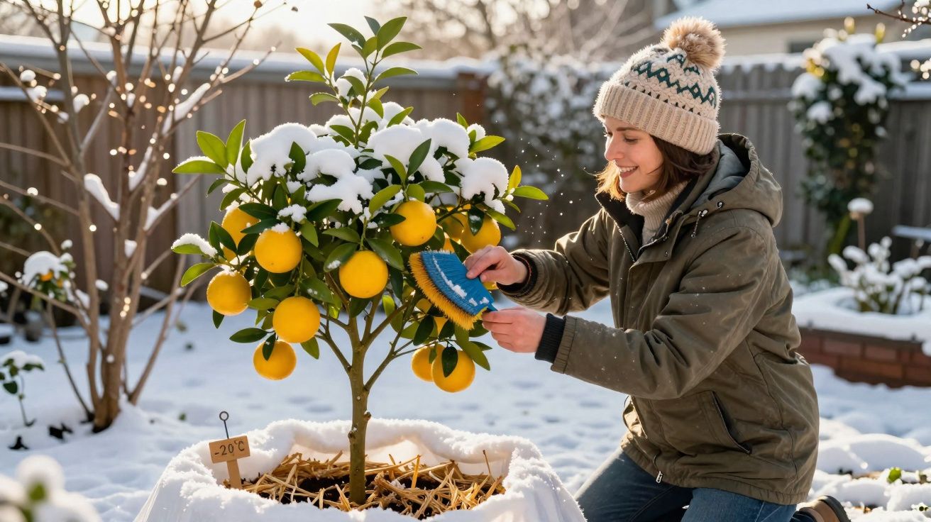 Femme en manteau et bonnet nettoyant un petit agrume couvert de neige dans un jardin en hiver.
