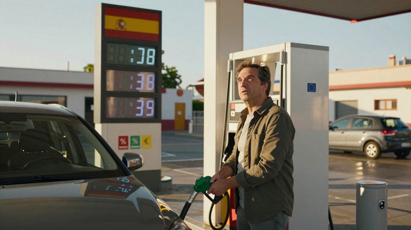 Homme faisant le plein d'essence à une station-service en Espagne, prix affichés en arrière-plan.