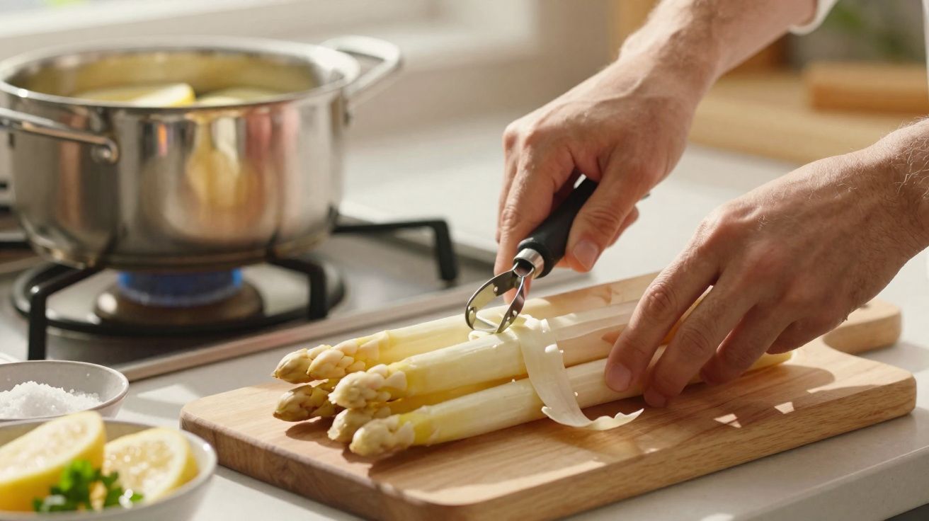 Deux mains pelant des asperges blanches sur une planche en bois avec une casserole sur le feu.