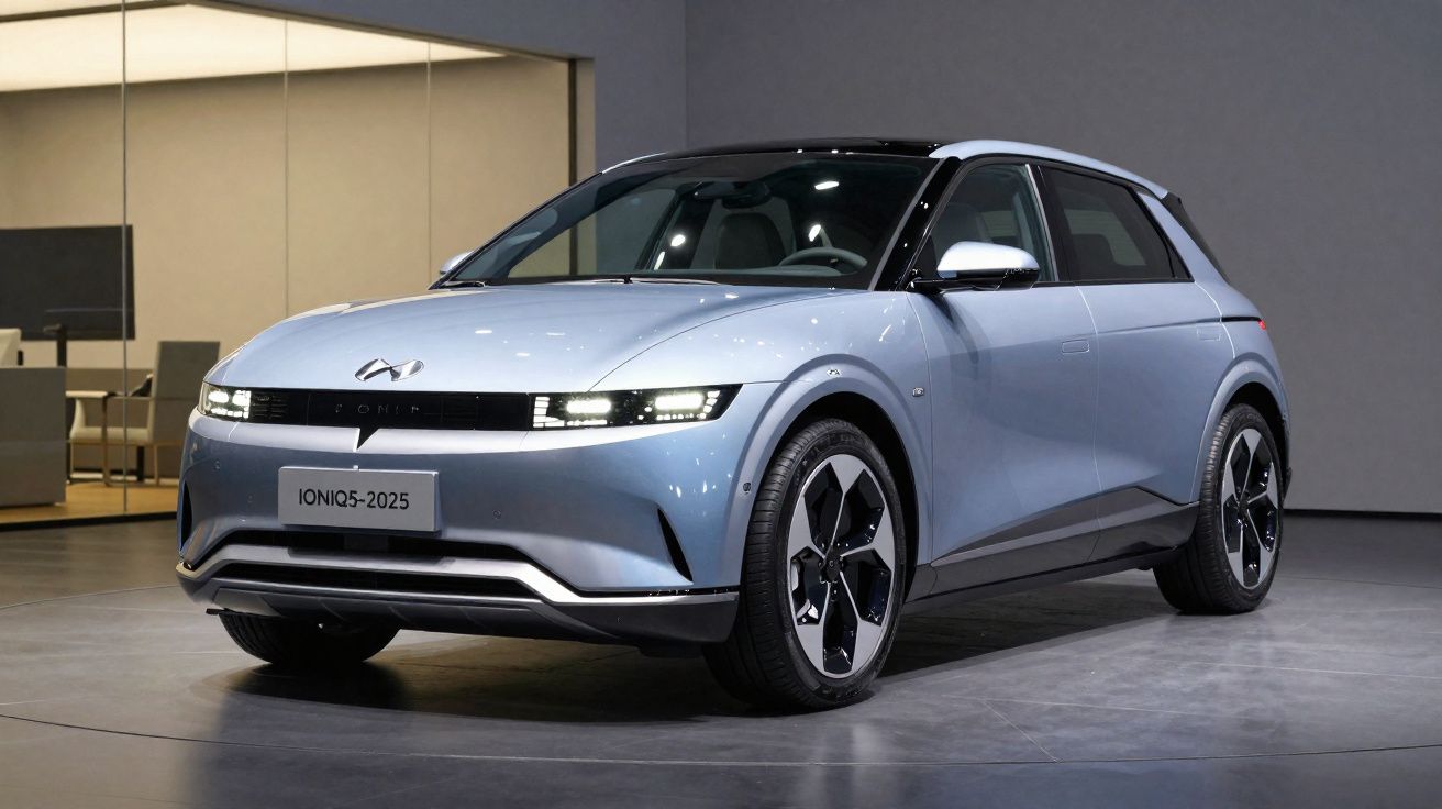 Voiture électrique Hyundai Ioniq 5 2025 gris clair exposée en intérieur sur sol gris.