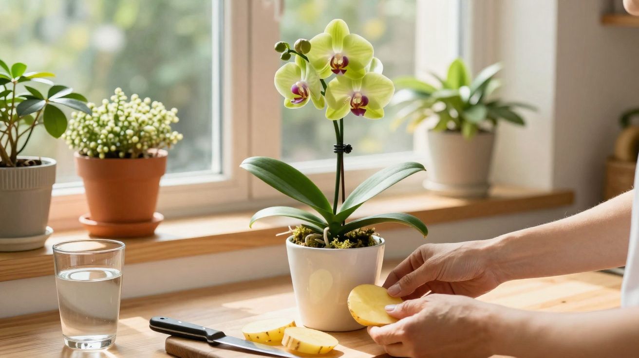 Personne tranchant un fruit jaune sur un plan de travail près d'une orchidée et d'autres plantes en pot devant une fenêtre.