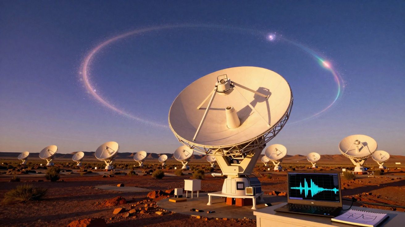 Rangée d'antennes paraboliques dans le désert sous un ciel étoilé avec un anneau lumineux coloré.